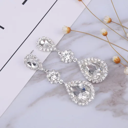 Vista 7 de Juego de aretes de diamantes de imitación de plata chapados en oro para boda, novias, damas de honor, piedra de cristal, aretes colgantes, juego