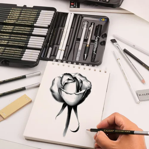 Vista 4 de KALOUR Juego de 72 lápices de dibujo y bocetos con cuaderno y papel de dibujo de 3 colores, caja de metal, incluye grafito, carbón, guante de dibujo