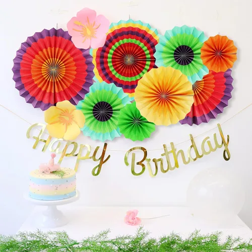 Vista 5 de LRCXL Juego de 12 abanicos de papel para colgar en fiestas, guirnaldas de papel con patrón redondo, suministros de fiesta para Año Nuevo, baby