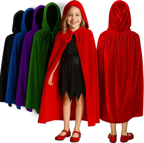 Vista 8 de ArtCreativity Capa de terciopelo con capucha para niños, 4 pies de largo, capa negra profunda con capucha y cierre de cuerda, accesorios medievales