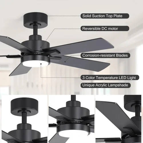 Vista 8 de Ventiladores de techo con luces LED, control remoto de ventilador de techo negro de 5 aspas de 42 pulgadas, ventilador de techo moderno con motor