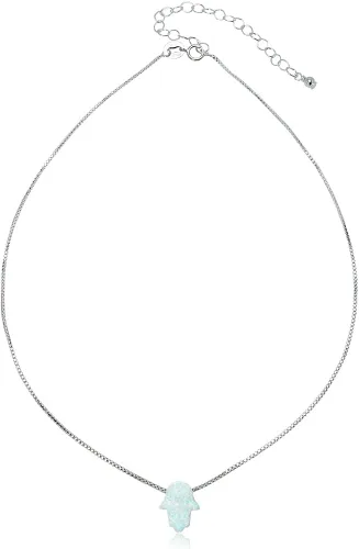 Vista 5 de B. BRILLIANT Sterling Silver Synthetic Opal Hand of Fatima Dainty Short Choker Hamsa Necklace for Women Girls