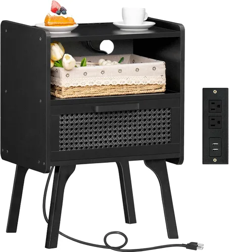 Vista 21 de Lerliuo Rattan Nightstand with Charging Station, Boho Night Stand Natural