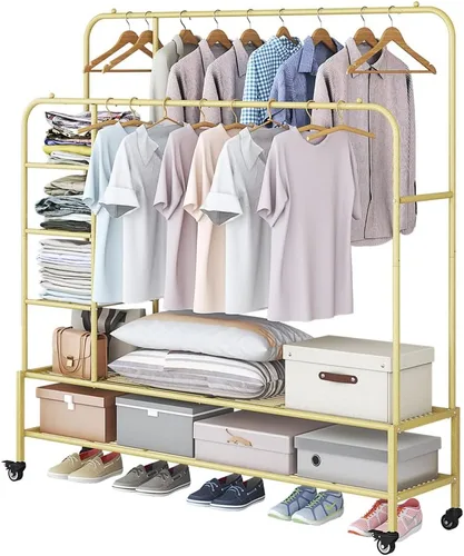 Vista 9 de SUOERNUO Perchero con ruedas para ropa, estante para colgar ropa resistente, estante metálico enrollable para dormitorio, armario (Negro)
