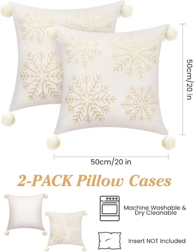 Vista 6 de Lewondr - Fundas de almohada navideñas con copo de nieve de 20 x 20 pulgadas, color blanco y amarillo Velvet Texture, Exquisite Embroidery