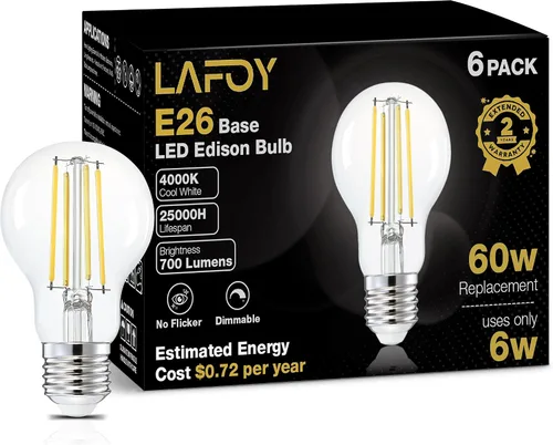 Vista 10 de Bombillas Lafoy A19 E26 ámbar 2200K de luz cálida suave, bombillas LED Edison vintage 60 vatios equivalentes, estilo antiguo ajustable de moda