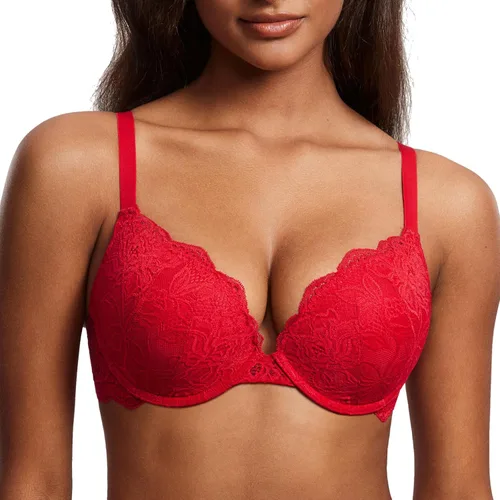 Vista 13 de DOBREVA - Brasier de encaje con efecto push up para mujer, con aros, con inmersión, cobertura completa, sexy, talla grande, con soporte Beige