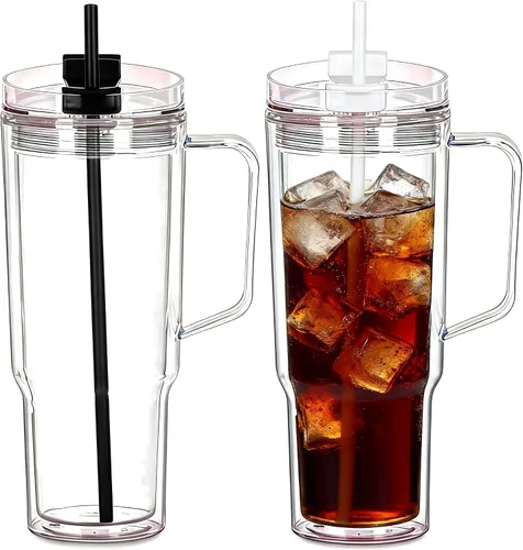 Vista 8 de Vasos de plástico de 40 onzas con asa, tapa de rosca con popote incluido, botella de agua reutilizable de doble pared a prueba de fugas, taza