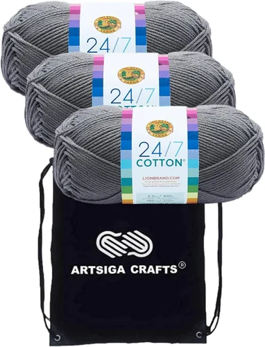 Vista 21 de Lion Brand 24/7 Algodón Blanco 761-100 (6-Carrillos - Mismo Lote de Tinta) Hila Gruesa Media #4 de Algodón para Crochet y Tejido con Bolsa