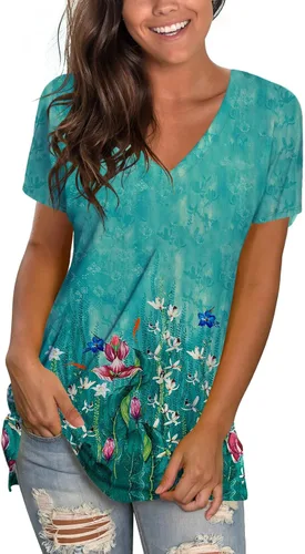 Vista 23 de Sipaya - Camiseta de mujer con cuello en V, básica, de ajuste suelto, manga corta, estilo casual