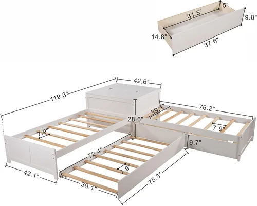 Vista 2 de Moderna cama de plataforma en forma de L con nido y cajones, cama de plataforma de madera de tamaño individual con mesa cuadrada abatible White#w