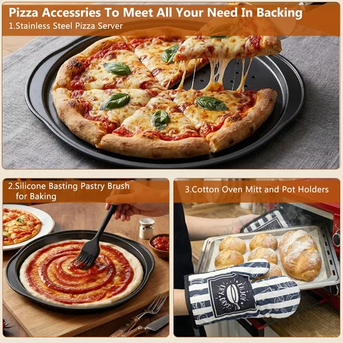 Vista 4 de Juego de Pala y Bandeja para Pizza, 7 Piezas de Accesorios para Horno de Pizza, Pala de Pizza de Metal de 12 Pulgadas (12"x 14") con Mango de Madera