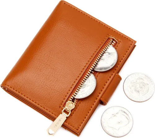 Vista 3 de Badiya Billeteras pequeñas para mujer, plegable, multitarjeta, delgada, tarjetero con cremallera, Marrón, Minimalista