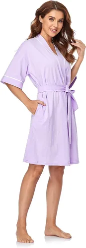 Vista 137 de COLORFULLEAF Bata de baño de manga corta para mujer, 100% algodón, longitud hasta la rodilla, con bolsillos