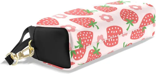 Vista 4 de Estuche portátil de gran capacidad con diseño floral de frutas de fresa, bolsa de maquillaje de piel sintética, organizador de maquillaje con asa