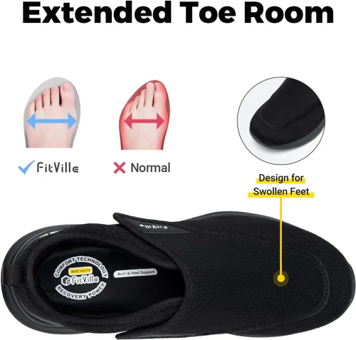 Vista 2 de FitVille Zapatos para diabéticos para hombre, zapatos extra anchos sin cordones para pies hinchados, zapatos ajustables para caminar para ancianos