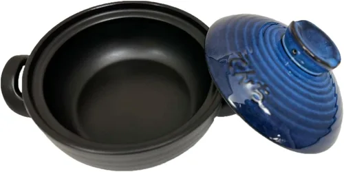 Vista 2 de Olla de cerámica y arcilla, donabe japonés, cazuela china/olla de tierra, olla de cocina con tapa, vapor pequeño, azul, 2.6 cuartos de galón