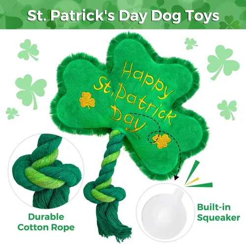 Vista 7 de Juguete para perros del día de San Patricio, juguetes chirriantes para perros con cuerda, juguetes de peluche de trébol de trébol, regalos del día