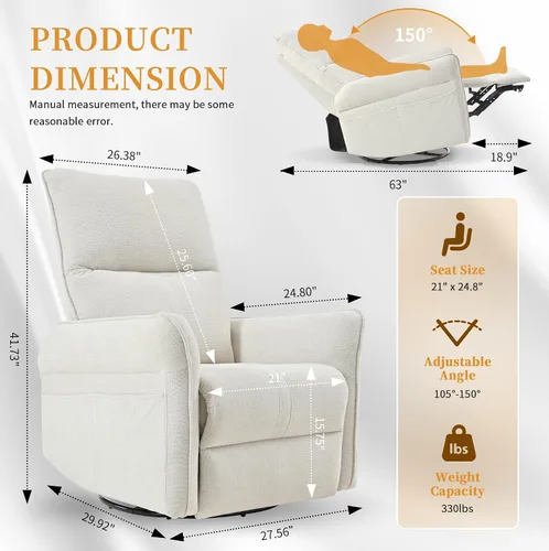 Vista 2 de Silla reclinable giratoria, mecedora manual para cuarto de bebé Beige