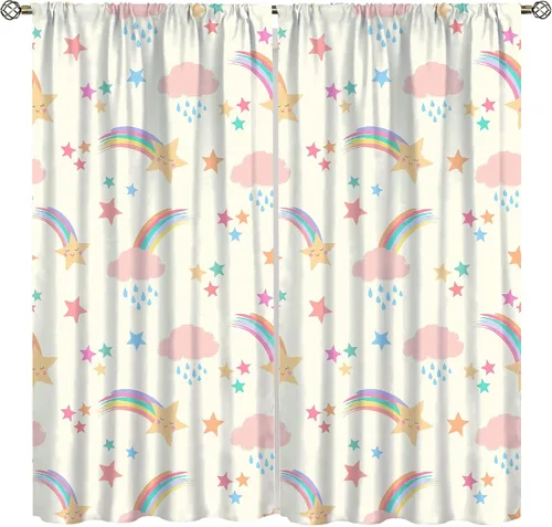 Vista 17 de Cortinas bohemias con diseño de arco iris, hermoso diseño de estrellas de durazno marrón y arcoíris, para dormitorio de niños y niñas, sala