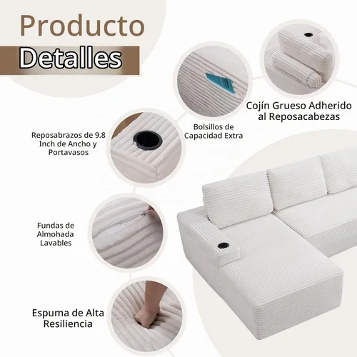 Vista 4 de Sofás seccionales sin hueso en forma de L de 104 pulgadas para sala de estar, cómodo sofá de pana con diván y portavasos, reposabrazos ancho