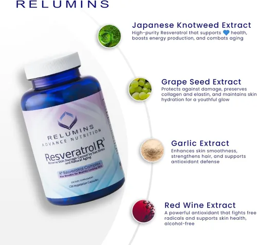 Vista 3 de Relumins Suplemento Resveratrol de 600 mg – Antioxidante de alta potencia con semilla de uva y extracto de vino tinto – Apoya la piel, la salud