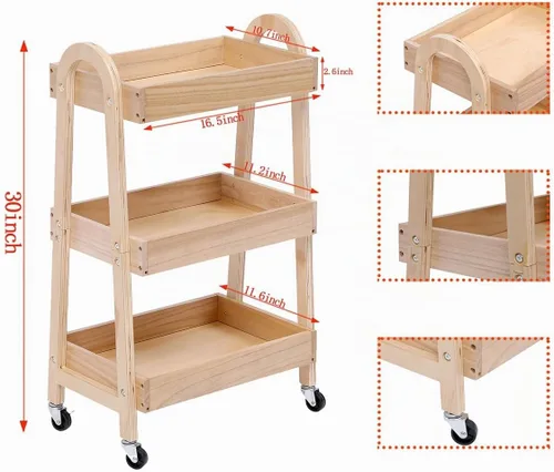 Vista 2 de Carrito de artesanía con ruedas de 3 niveles, madera de color claro, resistente, impermeable, con ruedas, para cocina, baño, lavandería