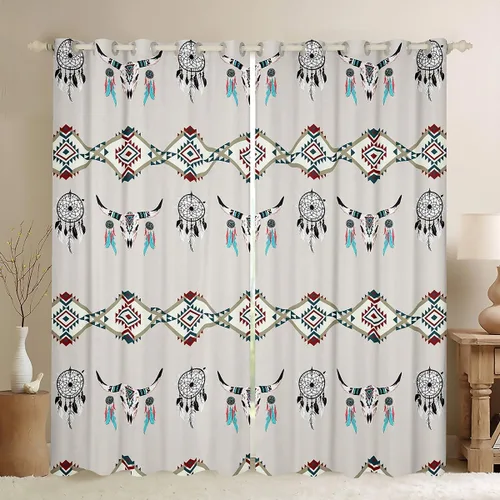 Vista 14 de Cortinas opacas estilo bohemio occidental de 76 x 45 pulgadas, cortinas y cortinas de atrapasueños de vaca, cortinas del suroeste, cortinas de Multi