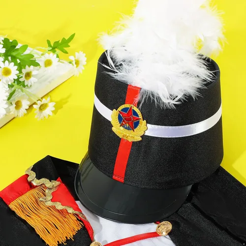 Vista 5 de Kids Drum Band Hat with Feather Toy Soldier Hat Drum Major Hat Costume Ceremonial Hat Majorette Hat