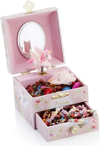 Vista 3 de RR ROUND RICH DESIGN Kids Musical Jewelry Box for Girls with Drawer and Jewelry Set with Mysterious Unicorn - Over the Waves Tune Pink