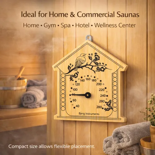 Vista 6 de Bjerg Instruments Termómetro de sauna, medidor de temperatura analógico de madera de pino, esfera de 3 pulgadas resistente a la humedad, lee hasta