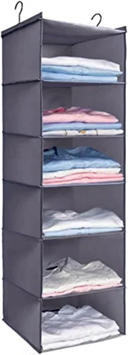 Vista 13 de Organizador colgante para armario y almacenamiento con 3 estantes, estantes colgantes plegables de montaje fácil para guardar ropa, bolsos, zapatos