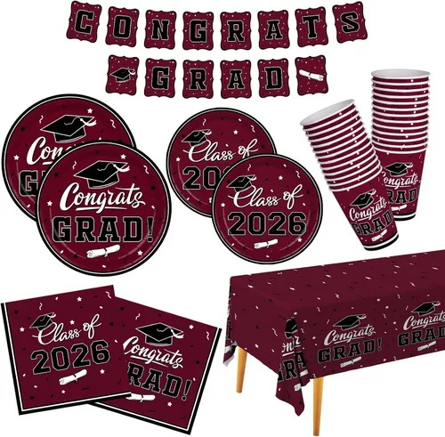 Vista 11 de Decoraciones de graduación de clase de 2026, juego de vajilla de fiesta de graduación de graduación negro y dorado, platos de papel desechables