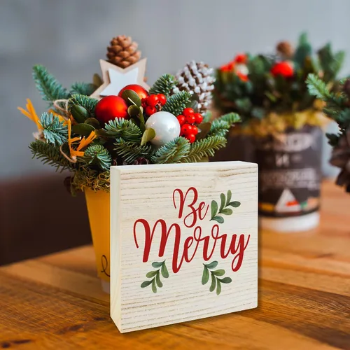 Vista 4 de Decoración de mesa de madera de Navidad de 5 pulgadas – Be Merry – Cartel de bloque de madera rústica regalo para Navidad, decoración de mostrador