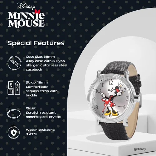 Vista 4 de Disney Minnie Mouse Reloj de cuarzo analógico para adultos, estilo vintage, con manos articuladas