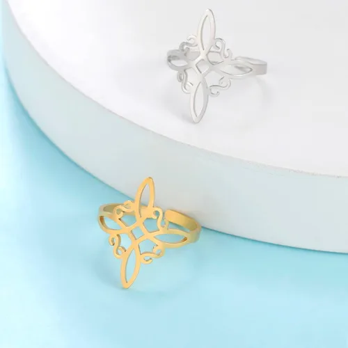Vista 30 de UNIFT Anillo de nudo de bruja para mujer, de acero inoxidable, estilo geométrico, elegante, elegante, irlandés, nudo celta, ajustable, anillo