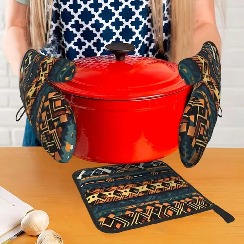 Vista 7 de Juego de guantes de horno y soportes para ollas con textura étnica tribal africana, guantes de cocina y soportes para ollas, juego de 3 piezas