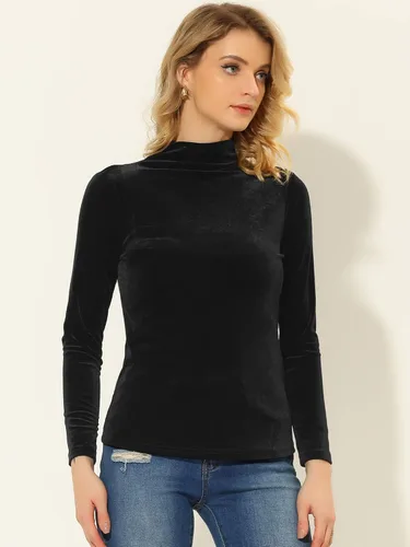 Vista 2 de Allegra K Blusa básica de terciopelo de manga larga con cuello alto para mujer