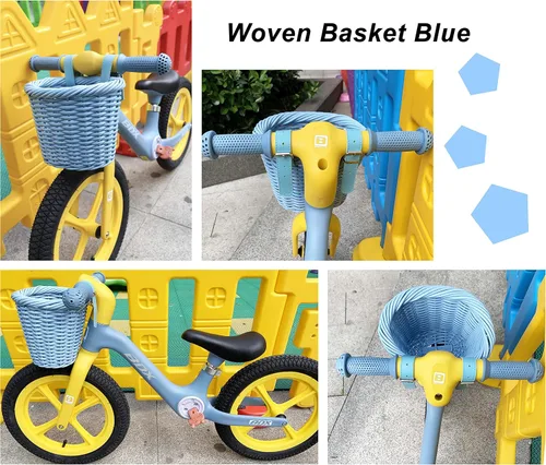 Vista 6 de MEGHNA Mini cesta tejida para bicicleta para manillar de bicicleta para niña y niño para scooter, varios colores Azul