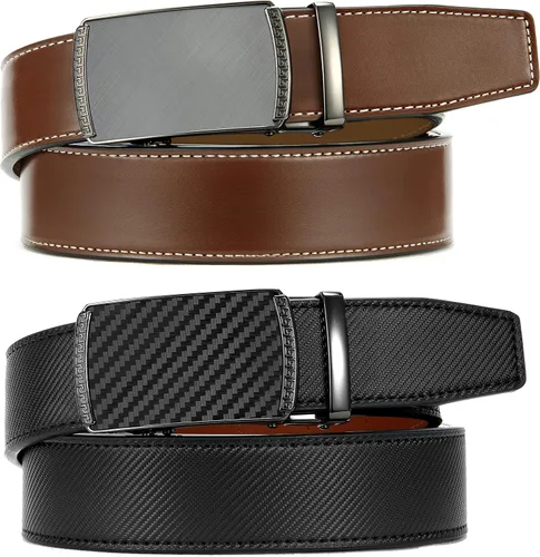 Vista 3 de CHAOREN Cinturones de trinquete para hombre, paquete de 2 Cinturón de cuero para hombre de 1 38 pulgadas en caja de regalo, satisface casi