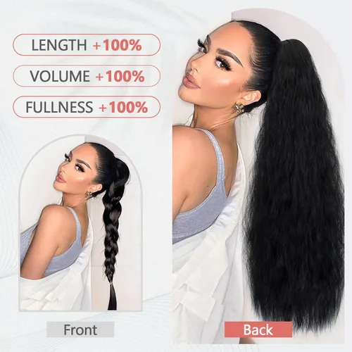 Vista 4 de S-noilite Extensión de cola de caballo larga con cordón, de 32 pulgadas, rizada, ondulada con clip, para mujer, cola de caballo rubia, ondulada