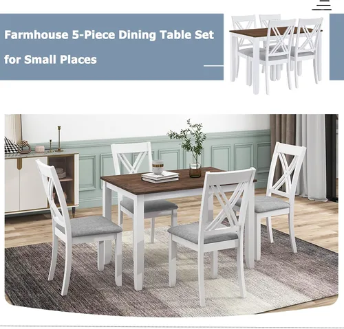 Vista 4 de Farmhouse - Juego de mesa de comedor de cocina de 5 piezas, mesa de cocina rectangular rústica con 4 cómodas sillas de comedor tapizadas, juego