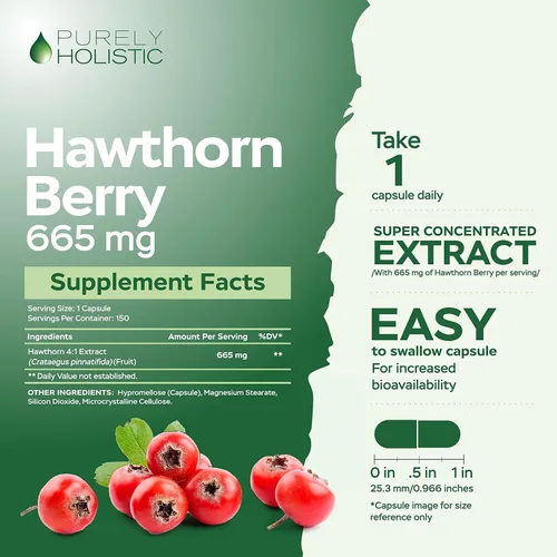 Vista 4 de Purely Holistic Hawthorn Berry 665mg + Extracto de hoja de olivo paquete de 750 mg + 270 cápsulas veganas, fabricado en los Estados Unidos
