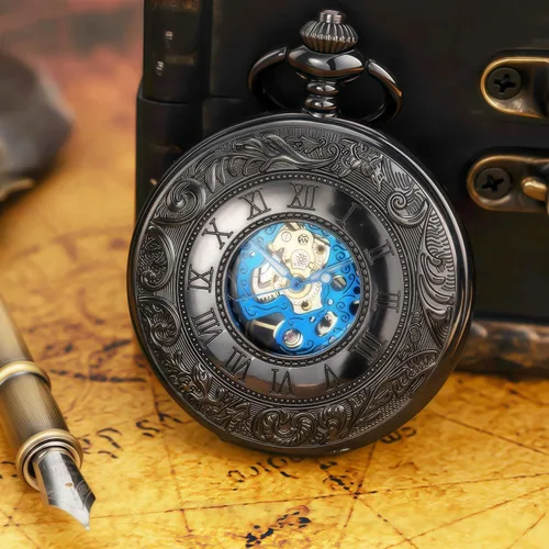 Vista 4 de Relojes mecánicos de bolsillo con números romanos con esfera y cadena para hombre y mujer