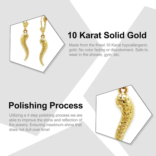 Vista 7 de Pendientes de cuerno italiano de oro de 10 quilates - Pendientes colgantes - Pendiente Cornicello