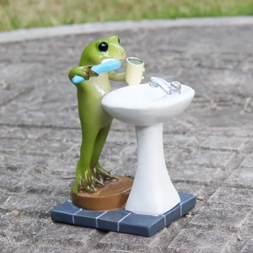 Vista 4 de Tfro & Cile Estatua de jardín de rana, decoración en miniatura, estatua de animales para exteriores, escultura de dientes para cepillado de hadas