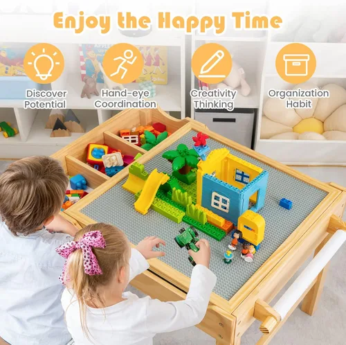 Vista 8 de HONEY JOY Mesa para niños, mesa de actividades de madera 2 en 1 con rollo de papel, mesa de bloques de construcción convertible, 3 compartimentos