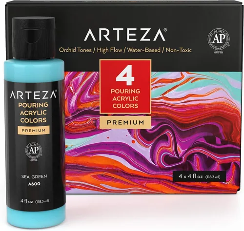 Vista 6 de ARTEZA Juego de 4 colores de pintura acrílica para vertido, botellas de 4 onzas, tonos aguamarina, pintura acrílica de alto flujo, suministros