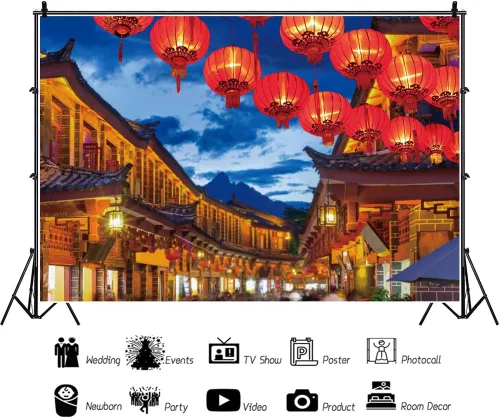 Vista 2 de Haoyiyi Fondo de año nuevo chino de 10 x 6.5 pies 2025 Festival de primavera de China Lijiang Town noche linterna roja cielo azul fotografía telón
