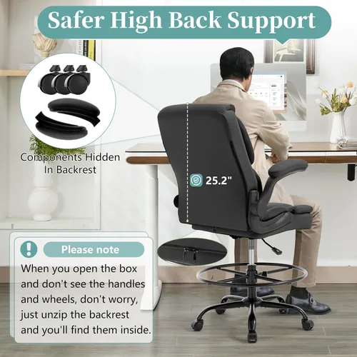 Vista 4 de Silla ergonómica de dibujo, silla de oficina alta para escritorio de pie, silla de escritorio de pie con respaldo alto con reposabrazos abatibles
